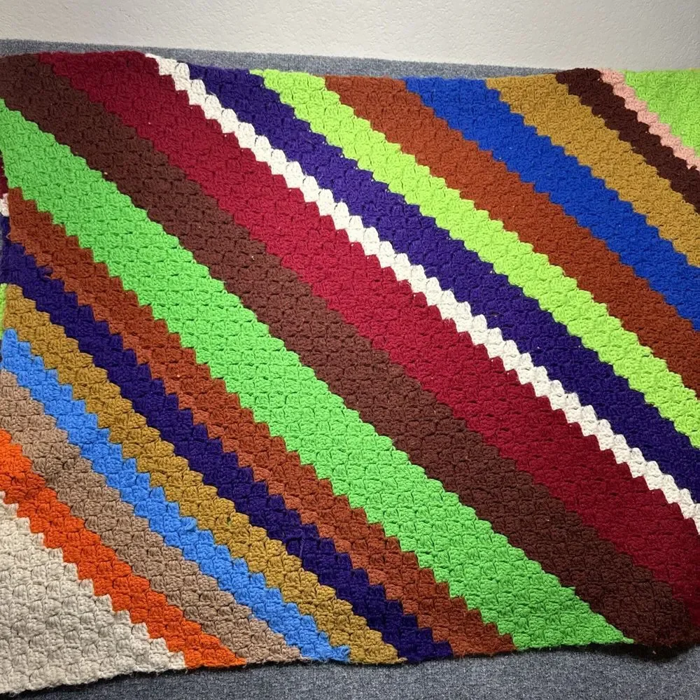 Knit‎ Afghan Blanket Throw 75X 53 Multi Color Stripes Striped Hand Made Granny